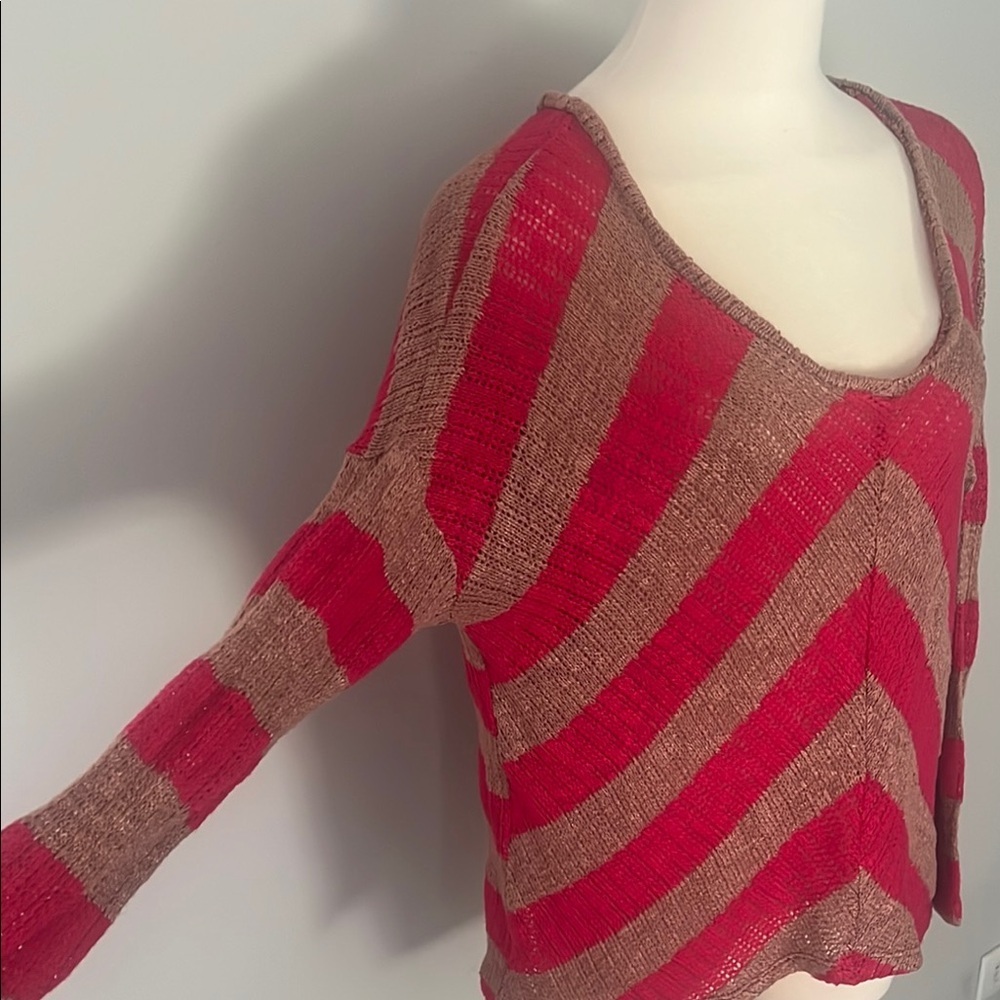 Splendid Magenta and Lt Brown V-Neck Sweater with Striped Pattern - Picture 4 of 7